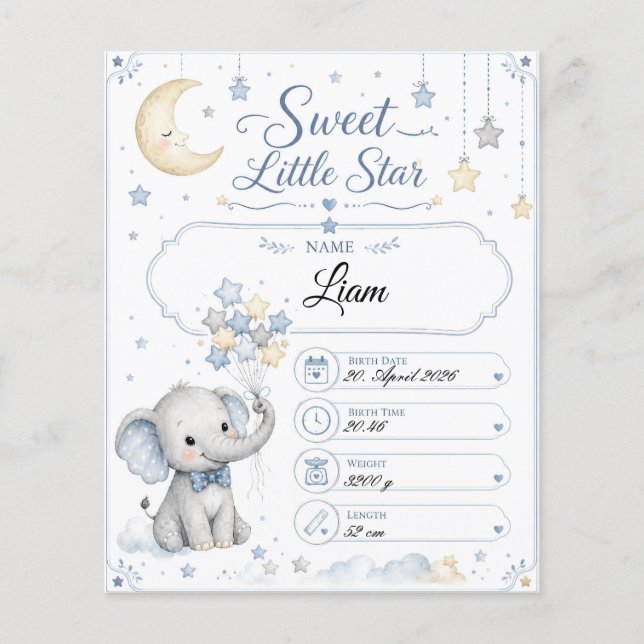 Customizable Baby Birth Chart with Elephant Flyer (Front)