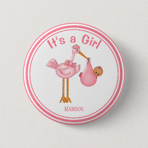 Customizable Baby Shower Stork Baby Girl 6 Cm Round Badge