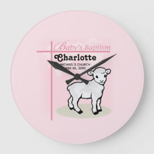 Customizable, Baptism, Pink, Girl, Lamb Large Clock
