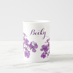 Customizable Becky name purple floral retro style Bone China Mug