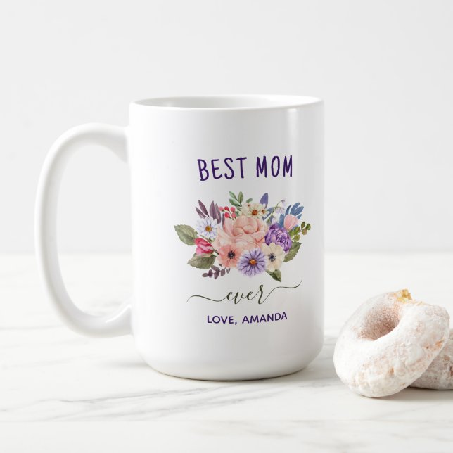 CUSTOMIZABLE Best Mom Ever | Pretty Rustic flowers Coffee Mug (With Donut)