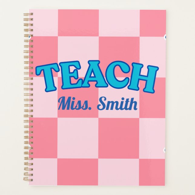 Customizable Blue and PinCheckered Teacher Planner (Front)