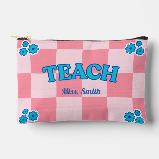 Customizable Blue and Pink Checkered Teach Pouch (Front)
