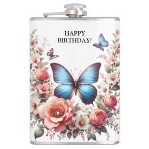 Customizable Blue Butterfly Floral Art-96279 Hip Flask