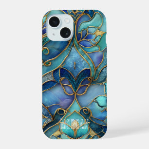 Customizable Blue & Green Stained Glass Pattern iPhone 15 Case