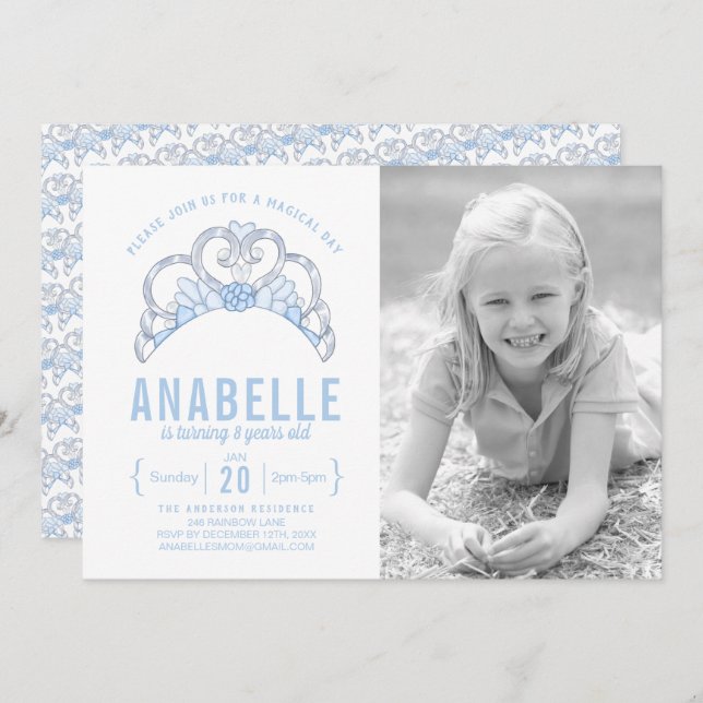 Customizable Blue Tiara Photo Birthday Invitation (Front/Back)