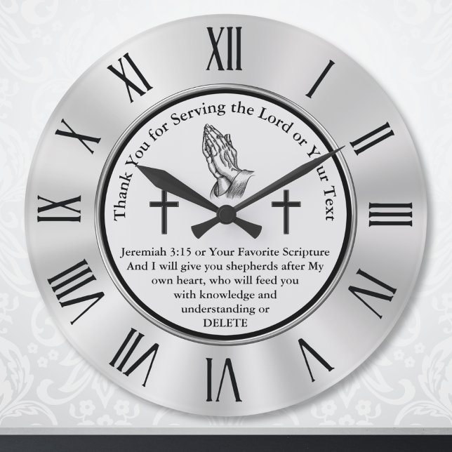 Customizable Christian Clock with Bible Verse (Christian gifts for Pastors. Christian Wall Clock. Thank you for serving the Lord. Jeremiah 3:15.)