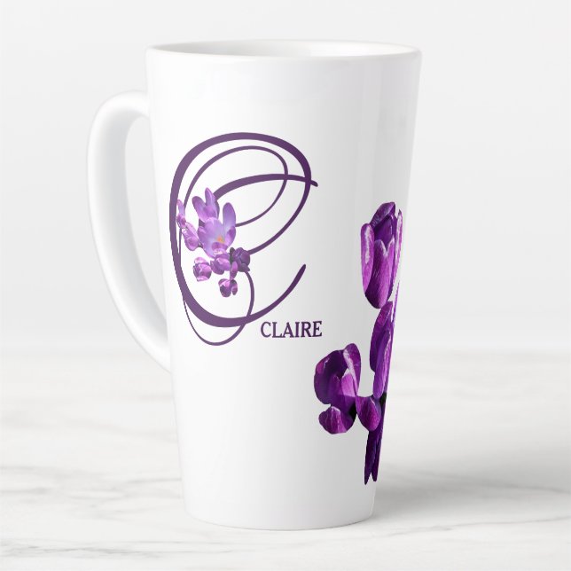 Customizable Claire name pretty purple floral fun Latte Mug (Left Angle)