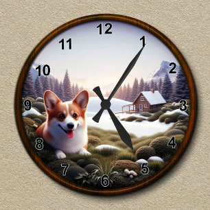 Customizable Cute Corgi Scenic Background  Round Clock