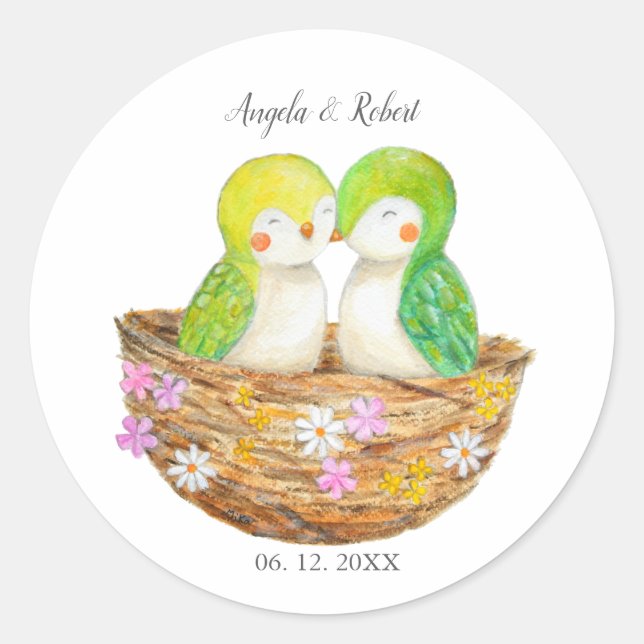 Customizable Cute Lovebirds unique Wedding Favor Classic Round Sticker (Front)