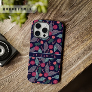 Customizable Dark Blue Green Floral Pink Flowers iPhone 15 Pro Max Case