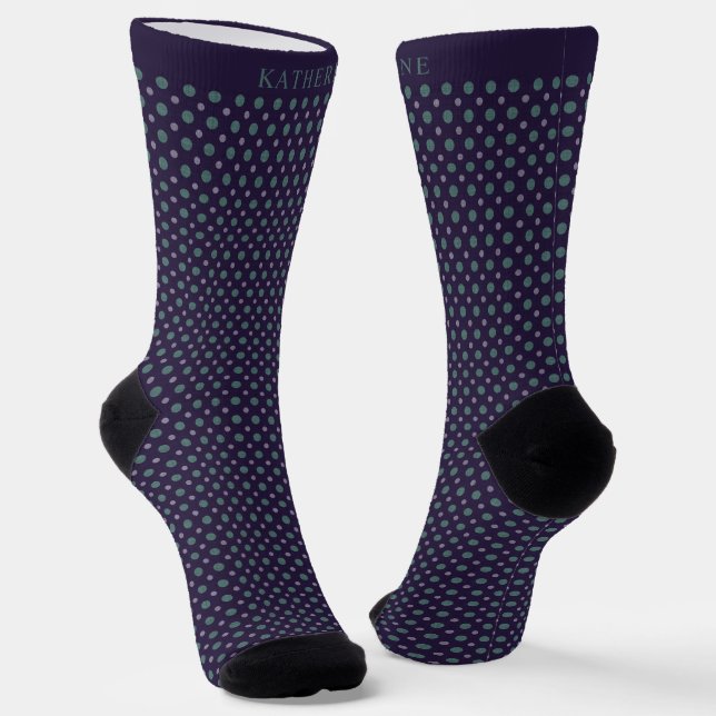 Customizable Dark Navy Blue Green Polka Dot Design Socks (Angled)