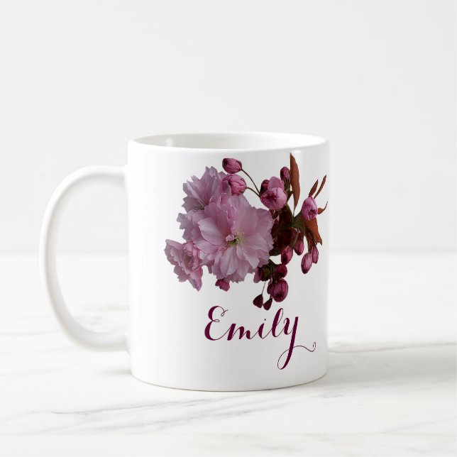 Customizable Emily name pink cherry blossom flora  Coffee Mug (Left)