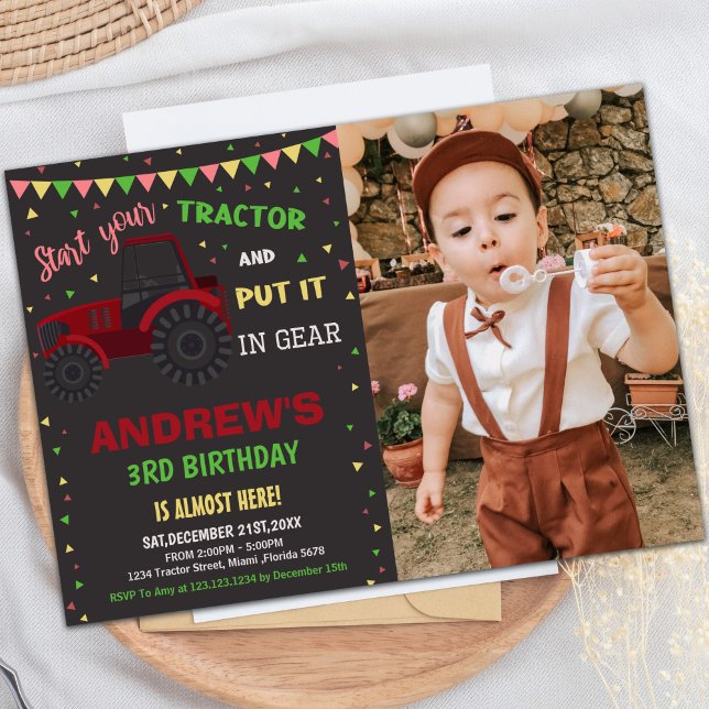 Customizable Farm Party Invitations for Kids (Red Black Tractor Birthday Invitations with photo)
