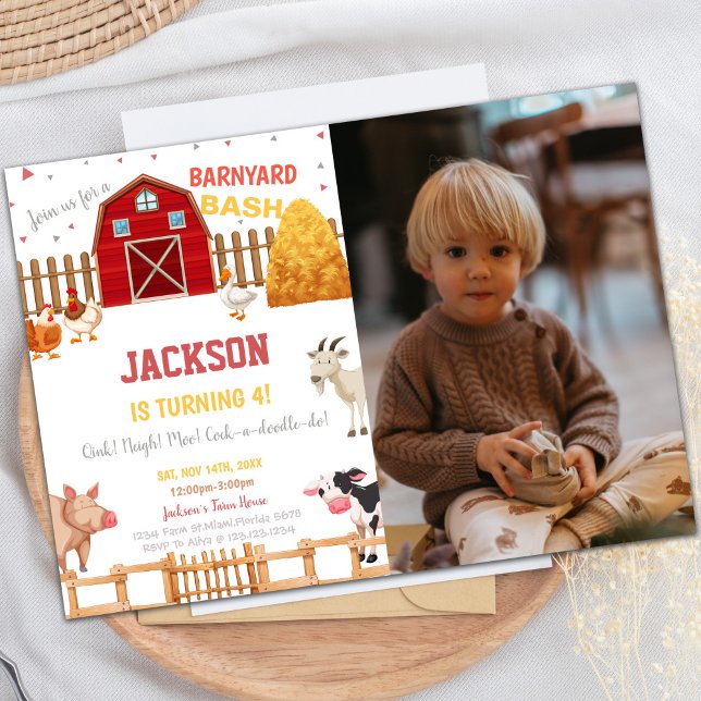 Customizable Farm Party Invitations for Kids (Red Farm Birthday Invitations with photo)