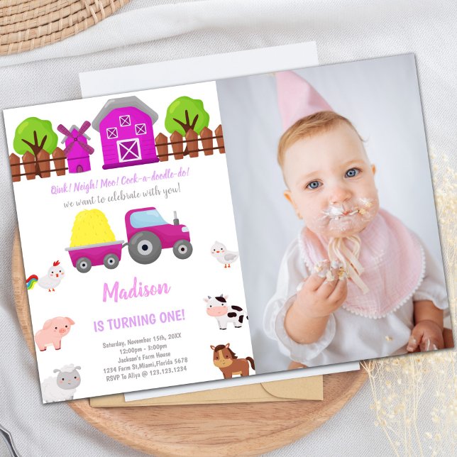 Customizable Farm Party Invitations for Kids (Pink Farm Birthday Invitations with photo)