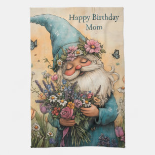 Customizable Flower Gnome Illustration Tea Towel