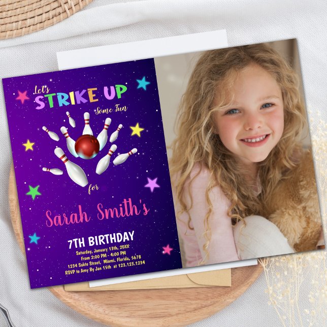 Customizable Fun Party Invitations for Kids (Light Purple Bowling Birthday Invitations w photo)