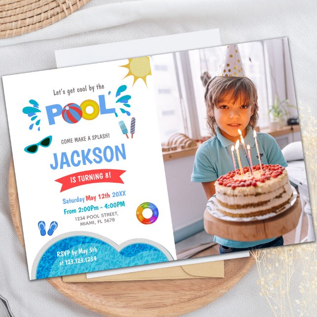Customizable Fun Party Invitations for Kids (Blue sunglass Pool Birthday Invitations w photo)