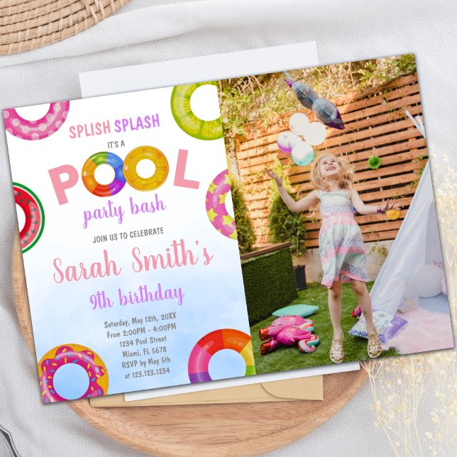 Customizable Fun Party Invitations for Kids (Pink Purple Pool Birthday Invitations with photo)