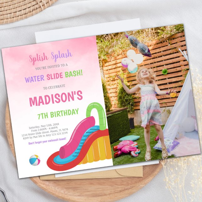 Customizable Fun Party Invitations for Kids (Pink Water Slide Birthday Invitations with photo)