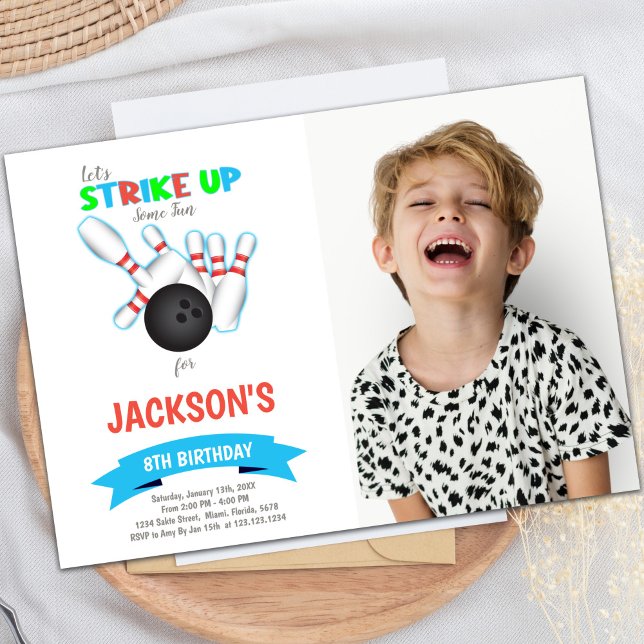 Customizable Fun Party Invitations for Kids (Bowling Invitations with photo)
