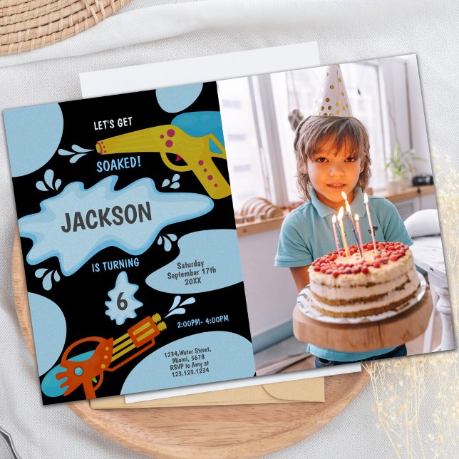 Customizable Fun Party Invitations for Kids (Black Blue Water Gun Invitations with photo)