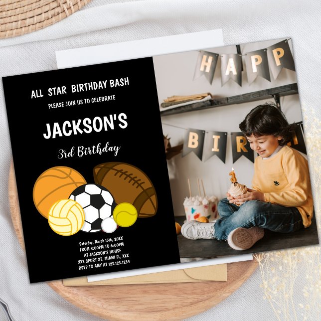 Customizable Fun Party Invitations for Kids (Black Sports Invitations with photo)
