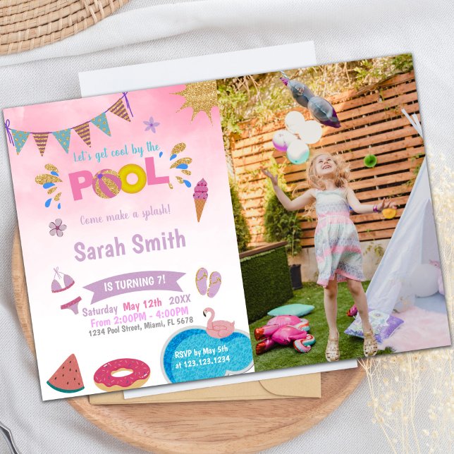 Customizable Fun Pool Party Invitations for Kids (Pink Cloud Pool Birthday Invitations with photo)