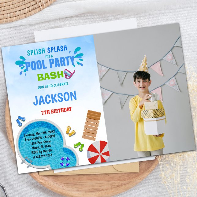 Customizable Fun Pool Party Invitations for Kids (Pool Party Pool Birthday Invitations with photo)