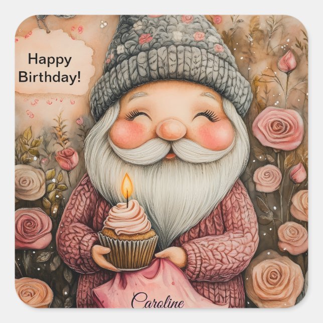 Customizable Gnome Birthday Design Square Sticker (Front)