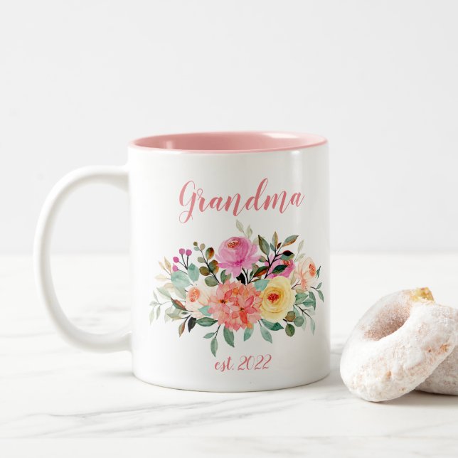 CUSTOMIZABLE Grandma Date - First time Grandma Two-Tone Coffee Mug (With Donut)