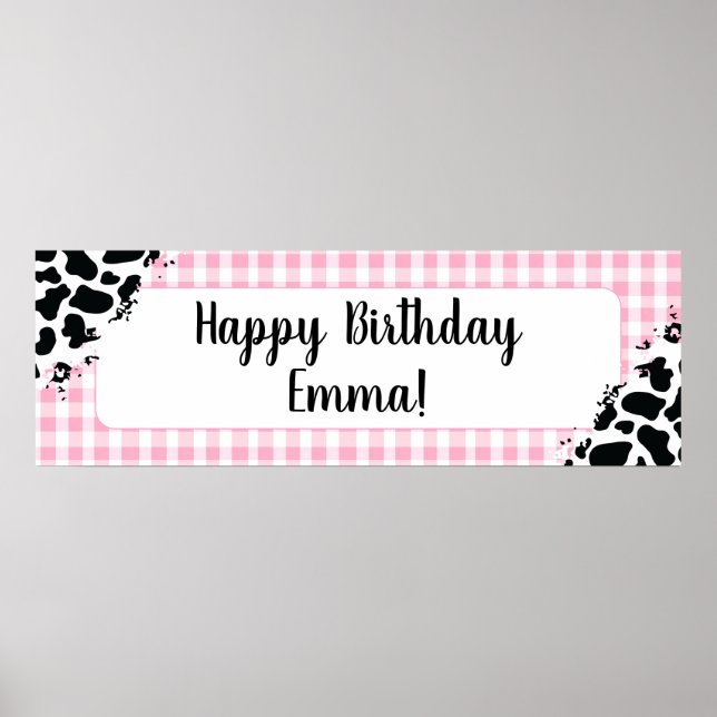 Customizable Happy Birthday Banner Pink Gingham Poster (Front)