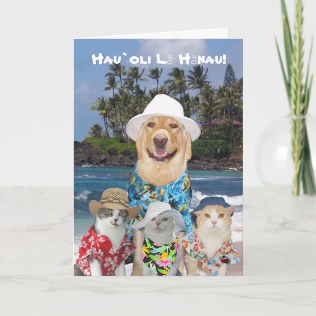 Customizable Hawaiian Yellow Lab & Kitties Birthda Card (Front)