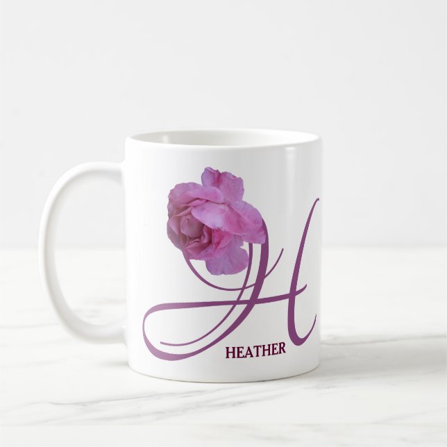 Customizable Heather name pretty pink rose floral Coffee Mug (Left)