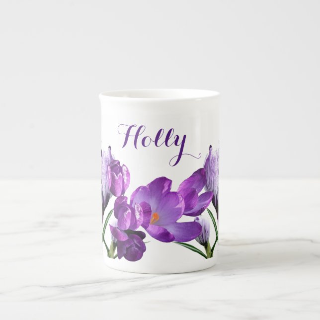 Customizable Holly name pretty purple floral fun  Bone China Mug (Front)