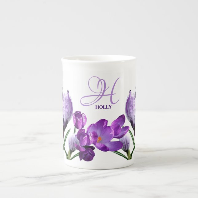 Customizable Holly name purple flowers boho trendy Bone China Mug (Front)