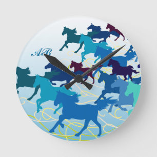 Customizable: Horses run free - blue Round Clock