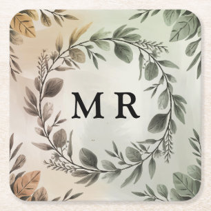 Customizable Initials Wreath - Elegant Monogram Square Paper Coaster