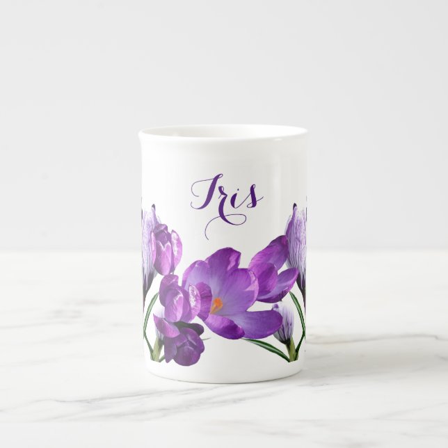 Customizable Iris name pretty purple flower fun Bone China Mug (Front)