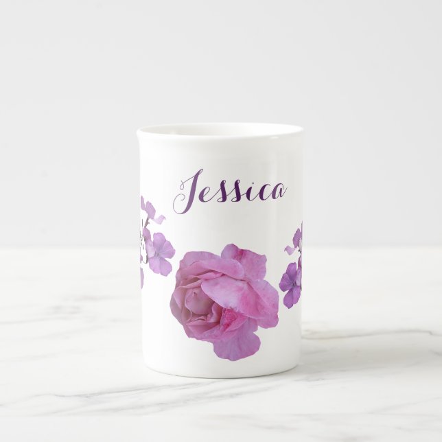 Customizable Jessica name pink rose purple floral Bone China Mug (Front)