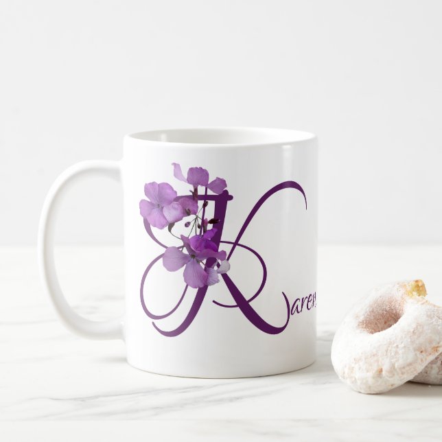 Customizable Karen name purple flowers floral Coffee Mug (With Donut)