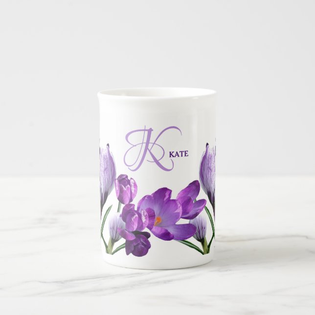 Customizable Kate name monogram purple floral cute Bone China Mug (Front)