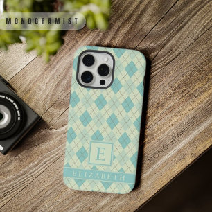 Customizable Light Soft Pastel Teal Green Argyle iPhone 15 Pro Max Case