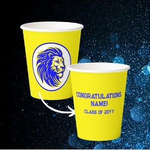 Customizable Lion Mascot Yellow and Blue Grad Name Paper Cups