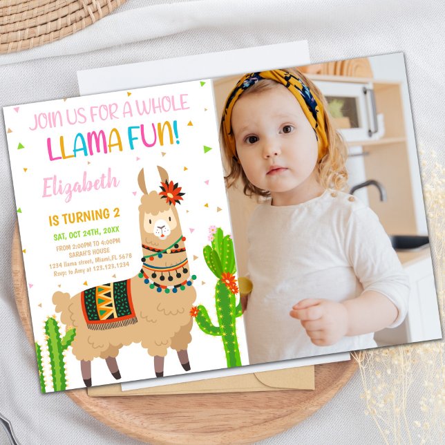 Customizable Llama Party Invitations for Kids (Brown Llama Birthday Invitations with photo)