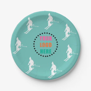 Customizable Logo Photo Skiers Skiing Ski Teal  Paper Plate