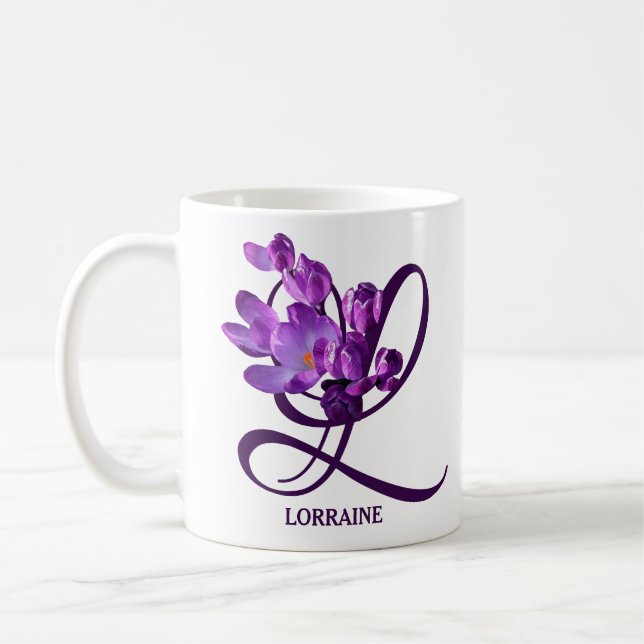 Customizable Lorraine name purple crocus floral Coffee Mug (Left)