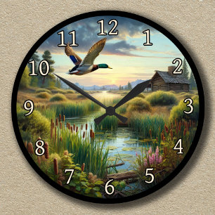 Customizable Mallard Flying Over a Tranquil Lake Round Clock