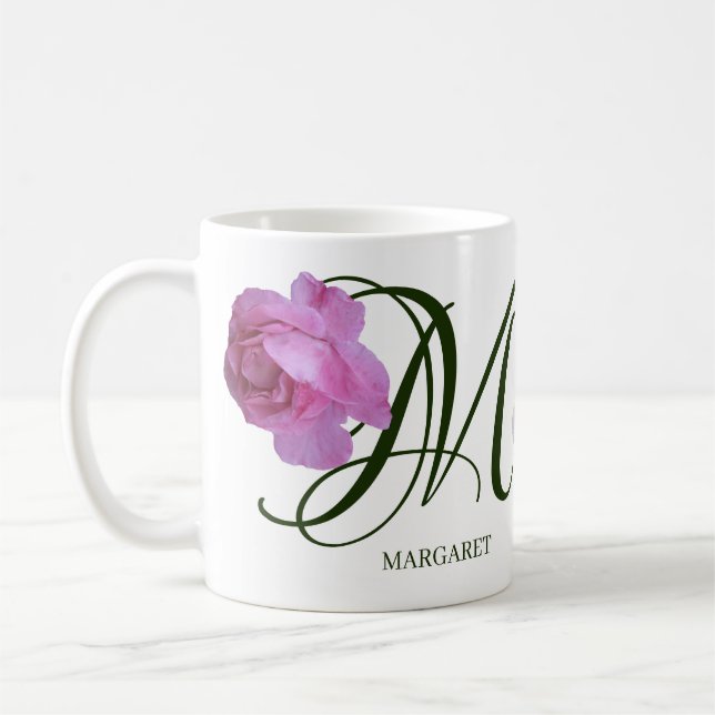 Customizable Margaret name pink rose floral classy Coffee Mug (Left)